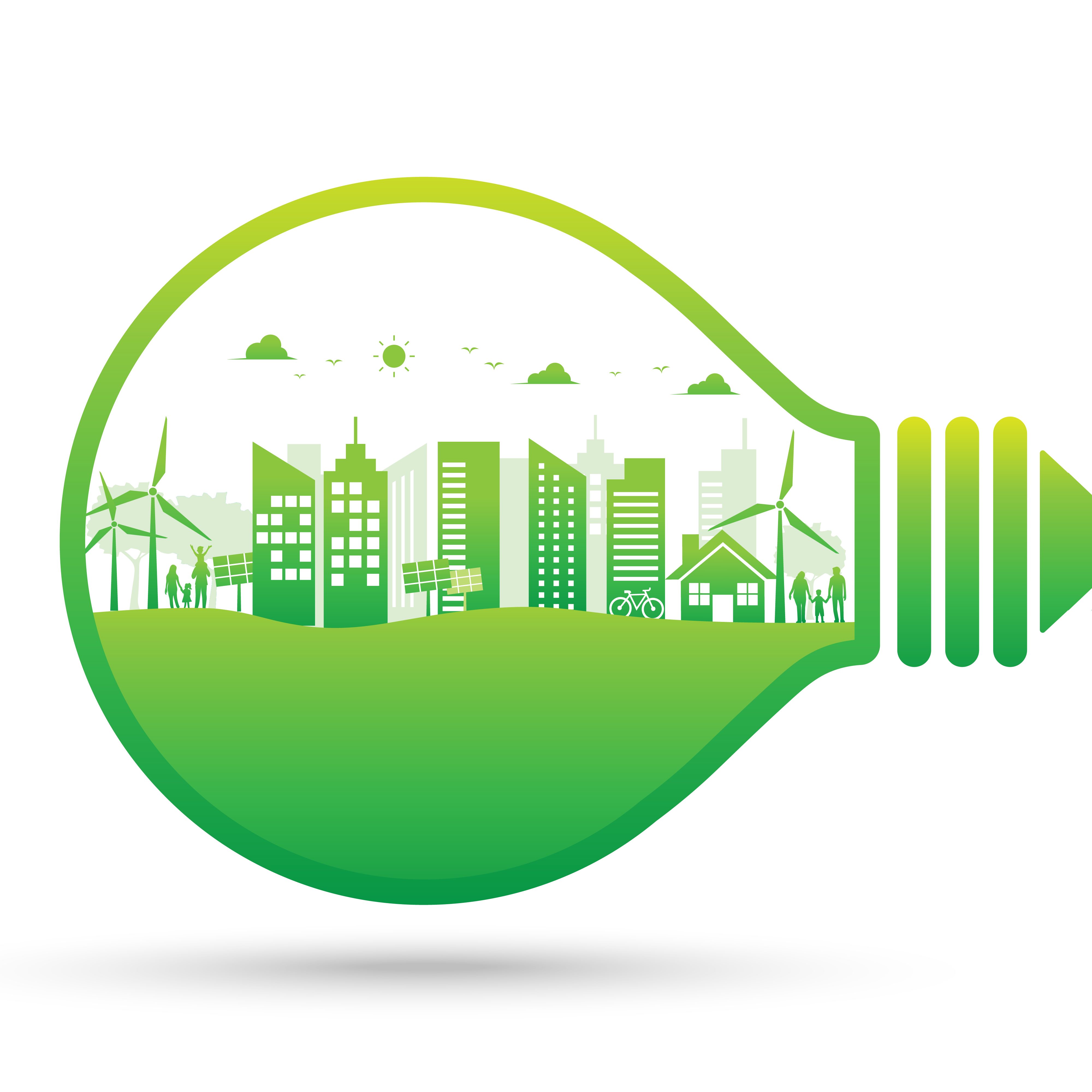 green light bulb and ecology environment cityscape. World  sustainable development. Vector illustration in flat design. isolated on white background. Clean and natural energy.